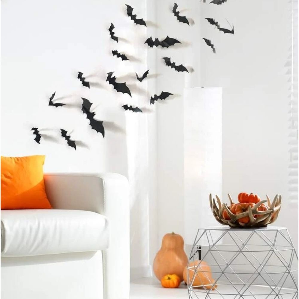 Halloween 3D bats pvc stickers 12 piece large, medium,  small assortment black.